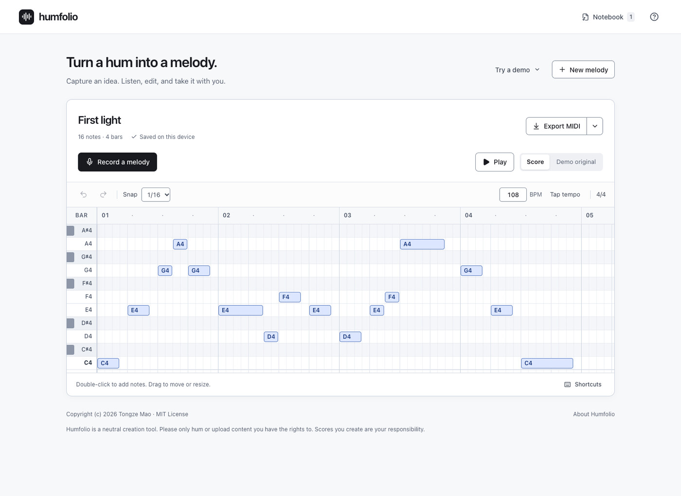 Humfolio workspace showing an original melody in the piano roll